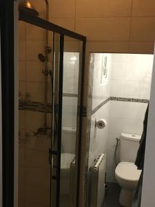 a bathroom with a toilet and a glass shower at Chambre D'hôte Villa Maurice in Étretat