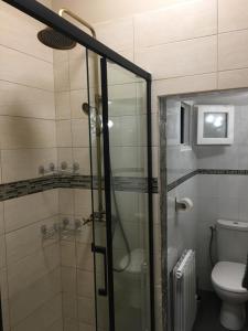 a bathroom with a glass shower with a toilet at Chambre D'hôte Villa Maurice in Étretat