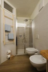 uma casa de banho com um chuveiro, um WC e um lavatório. em B&B Le Ciorciole em Tesero