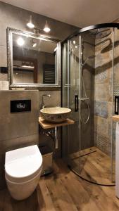 La salle de bains est pourvue de toilettes, d'un lavabo et d'une douche. dans l'établissement Mokotowska 67 by Homeprime, à Varsovie