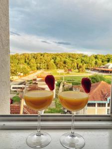 two wine glasses sitting in front of a window at Apartmani Banja SPA in Vrnjačka Banja