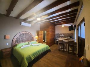 sypialnia z zielonym łóżkiem i kuchnią w obiekcie Isla Bonita w mieście Isla Holbox