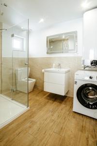 a bathroom with a sink and a washing machine at Ostoja Jaworskie in Stryszawa