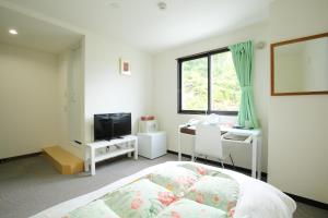 
a room with a bed, television and a window at Toya-onsen Hotel Hanabi in Lake Toya
