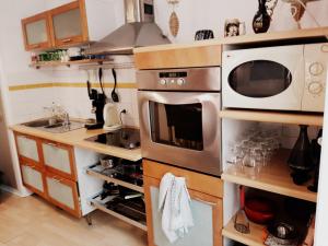 a kitchen with a stove and a microwave at Les Clefs de la Liberté in Colmar