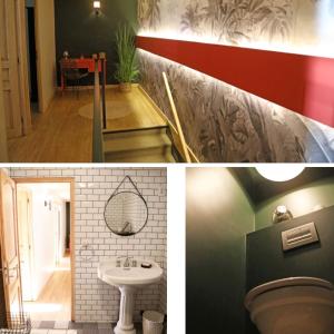 two pictures of a bathroom with a toilet and a sink at Maison d'hôtes La Bella Casa in Villette-dʼAnthon