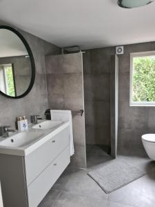 een badkamer met een witte wastafel en een spiegel bij Hoeve Zandbelt in Markelo