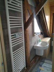 a bathroom with a toilet and a sink at Greuth Hutte in Tarvisio