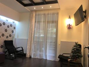 a living room with a window and a christmas tree at Apartamente 13 si 16 in Oxygen Residence Sinaia in Sinaia