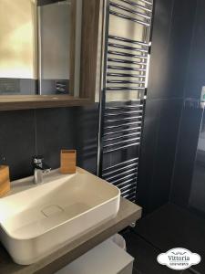 a bathroom with a white sink and a shower at Vittoria Casa Vacanza in Madesimo