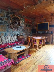 a living room with a couch and tables and a tv at Vikendica MILA in Kolašin
