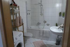a bathroom with a toilet and a sink and a shower at Allgäutraum Ferienwohnung Nr 10 in Kempten +10 photos