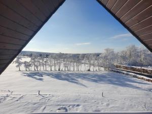 vistas a un campo cubierto de nieve con árboles en Energetischer Urlaub in der Eifel, en Germeter