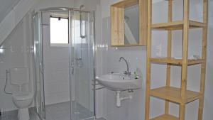 a bathroom with a shower and a sink and a toilet at Witte Weelde Texel in De Koog