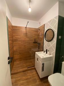 La salle de bains est pourvue de toilettes, d'un lavabo et d'une douche. dans l'établissement Medias Cozy Studio, à Mediaş