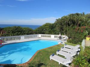 uma vista superior para uma piscina com espreguiçadeiras e para o oceano em Bare Feet Retreat em Scottburgh