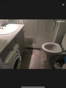 La salle de bains est pourvue de toilettes blanches et d'un lavabo. dans l'établissement "Le Pharo" 17 Impasse du globe Appartement, au Cap d'Agde