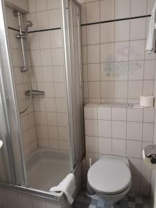 a bathroom with a shower and a toilet and a tub at Gasthaus Pflug in Reint +6 photos