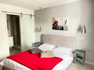 Relais de l'Aérodrome في برانغينز: غرفة نوم مع سرير مع بطانية حمراء عليه