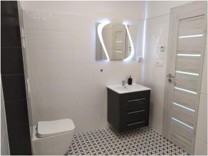 a bathroom with a toilet and a sink and a mirror at Apartman TILL in Galanta