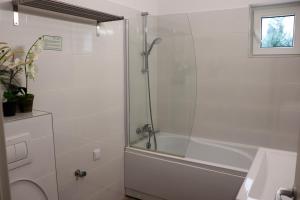 a bathroom with a shower and a toilet and a sink at Apartamente Bucegi in Râşnov