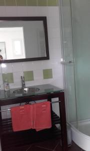 ein Badezimmer mit einem Waschbecken, einem Spiegel und roten Handtüchern in der Unterkunft studio 5min plage agosta in Albitreccia
