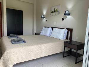 a bedroom with a large bed and a night stand at Alexander Apartments in Roda