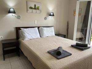 1 dormitorio con 1 cama grande y espejo en Alexander Apartments en Roda