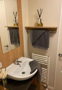uma casa de banho com um lavatório e um espelho em Dixons den em Swarland