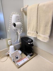 a bathroom with a hair dryer and a mirror on the floor at Berlin Heritage Inn in Berlin