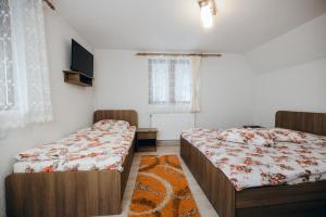 a bedroom with two beds and a tv on the wall at Casa Roland in Sovata