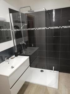 La salle de bains est pourvue d'un lavabo blanc et d'une douche. dans l'établissement Appartement proche lac et plage, à Léon
