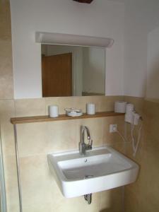 La salle de bains est pourvue d'un lavabo blanc et d'un miroir. dans l'établissement Stubersheimer Hof, à Stubersheim