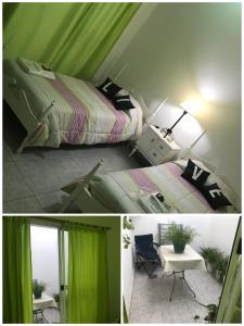 Nely's House en Mendoza في غوايمالين: صورتين لغرفة نوم مع سرير وطاولة