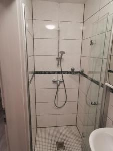a bathroom with a shower with a sink at BK City Apartments in Backnang