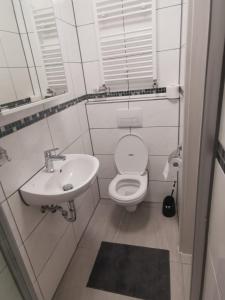a small bathroom with a toilet and a sink at BK City Apartments in Backnang