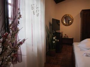 a bedroom with a white curtain and a mirror at Tenuta Seripa in Sassetta