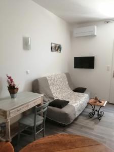 a living room with a couch and a table at Les Gîtes sous l' Olivier en Camargue in Vauvert