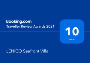 Certifikát, ocenenie alebo iný dokument vystavený v ubytovaní LENICO Seafront Villa