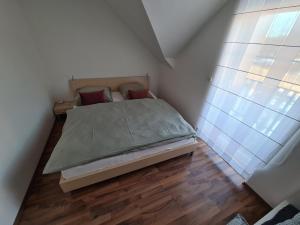 1 dormitorio con 1 cama en una habitación con ventanas en Dům Mnichov Bazén Klimatizace, en Vrbno pod Pradědem