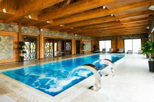 a swimming pool in a house with a wooden ceiling at Hotel Riders Equides club in Lesniki