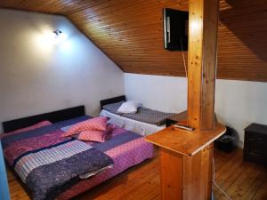 two beds in a room with a tv on the wall at Enjoy Hostel in Cluj-Napoca