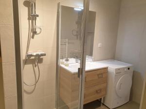 a bathroom with a shower and a washing machine at Les Campanules in Bourg-Saint-Maurice +30 photos