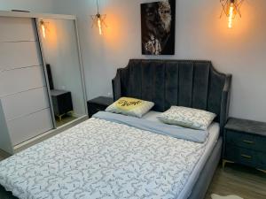 a bed with a black headboard in a bedroom at Raphael Apartment North Bucharest Cosmopolis in Ştefăneştii de Jos