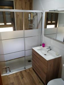 a bathroom with a sink and a shower at Casa del Autón - Couto Mixto in Rubiás