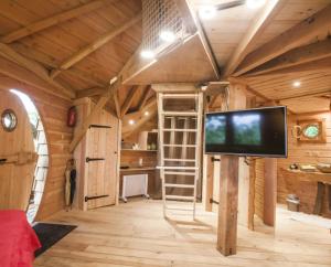 - un salon avec une télévision et une échelle dans l'établissement Gaïa - Les Cabanes du Chêne Rouvre, à Saint-Dié-des-Vosges