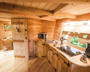 uma cozinha num chalé de madeira com um lavatório e um micro-ondas em Gaïa - Les Cabanes du Chêne Rouvre em Saint-Dié-des-Vosges