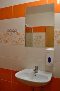 a bathroom with a sink and a mirror at Hotel Děčín Na Skřivánce in Děčín +57 photos