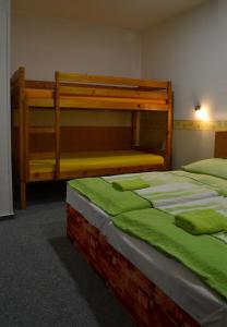 een slaapkamer met 2 stapelbedden met groene lakens bij Hostel Děčín Na Skřivánce in Děčín