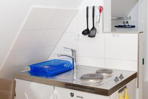 uma pequena cozinha com um lavatório e uma bancada em Casa Felicitas - Ferienwohnung & Studio em Möhnesee